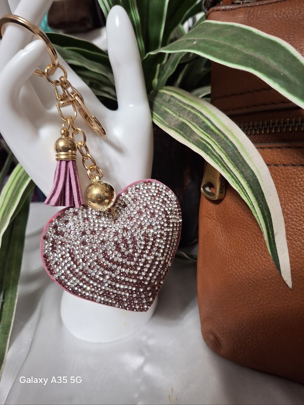 Heart Bag Charm Keychain with Crystal Stones Gold Tone Pink